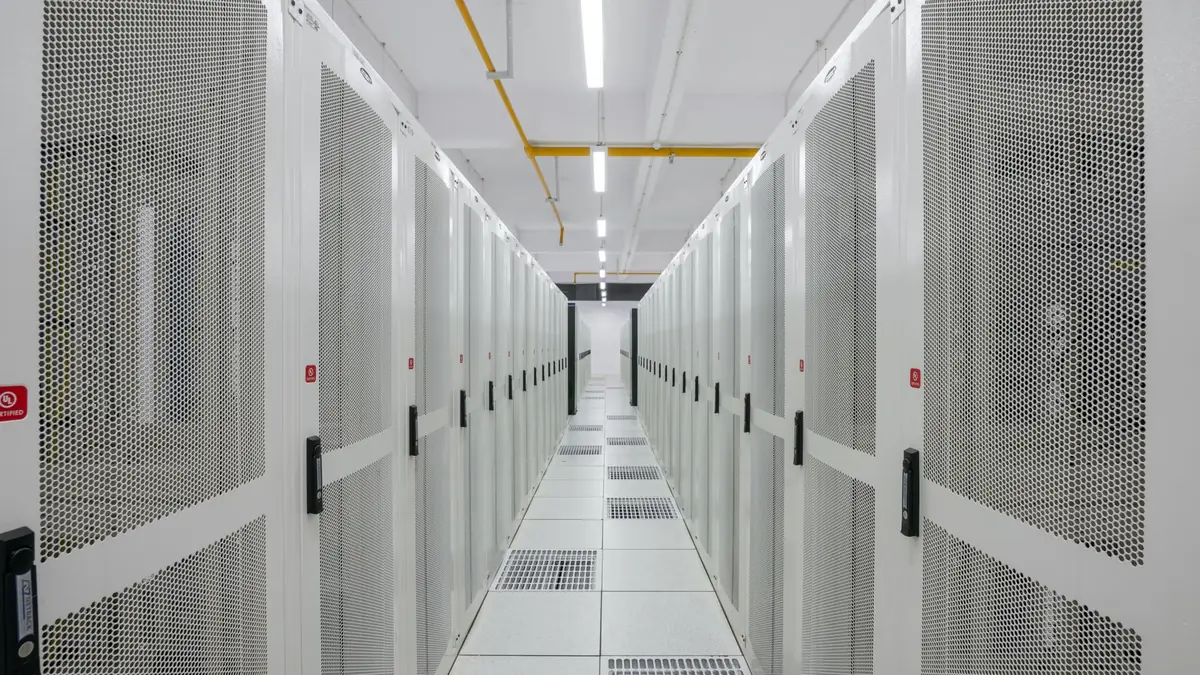 A cold aisle between rows of perforated server-rack doors, with ventilated floor tiles feeding conditioned air