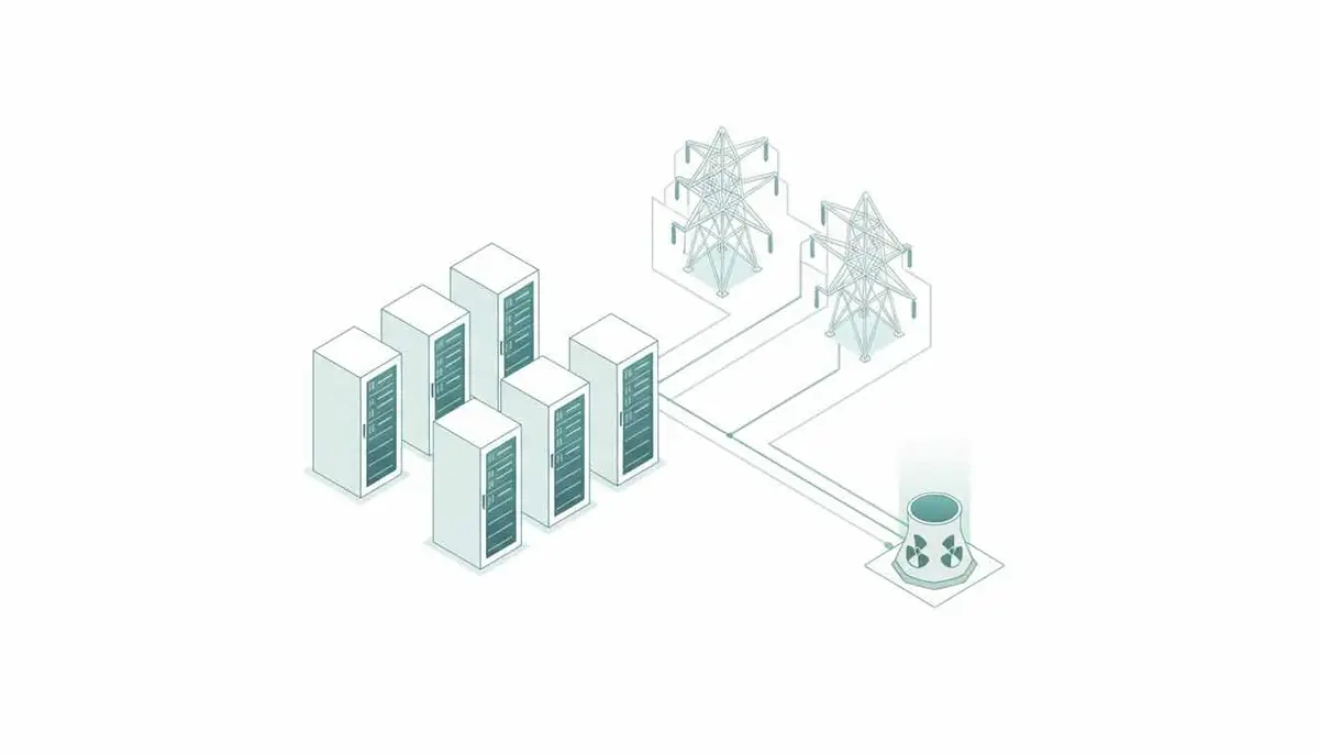 Isometric illustration of server cabinets linked by power lines to two pylons and a nuclear reactor