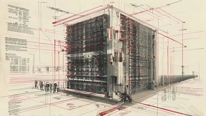 Perspective drawing of a very tall server cabinet with red cable lines and specification text, a row of cabinets receding toward the horizon and small figures at its base