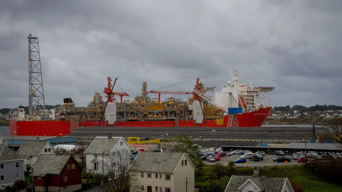 The Petrojarl Knarr floating production unit, a hull built by Samsung Heavy Industries, moored at Haugesund, Norway, with its process plant packed on deck