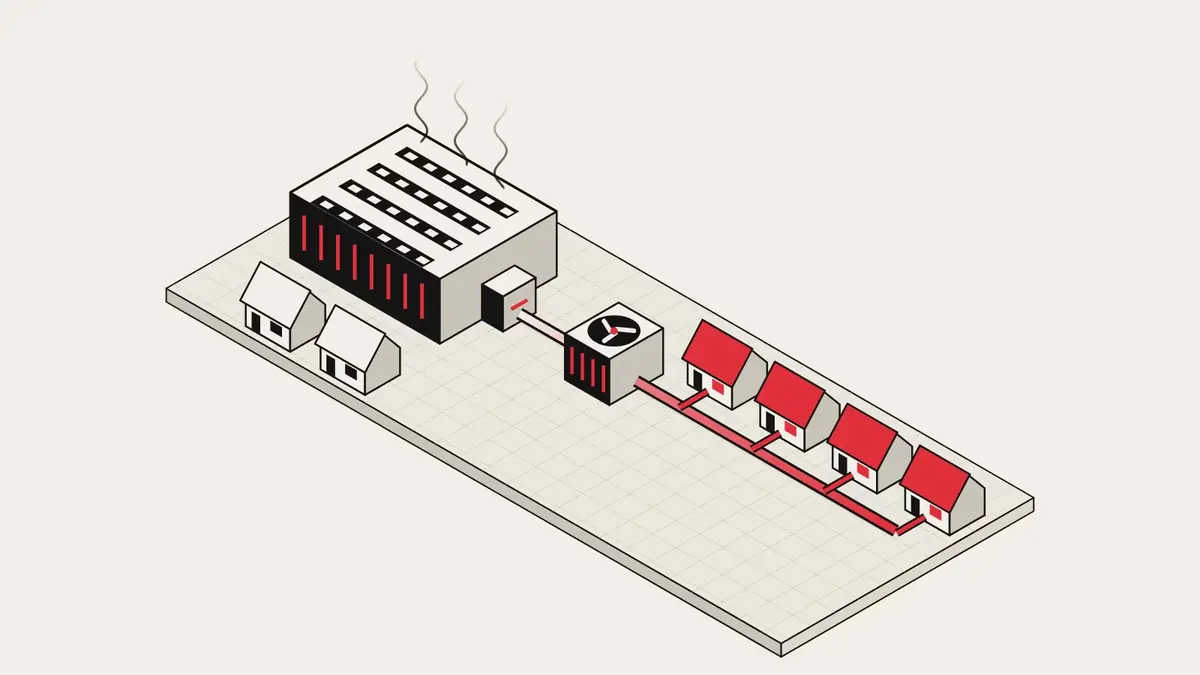 Isometric drawing of a data-centre hall whose waste heat runs through a heat pump to homes on a district heating line, with two nearby homes left unconnected.