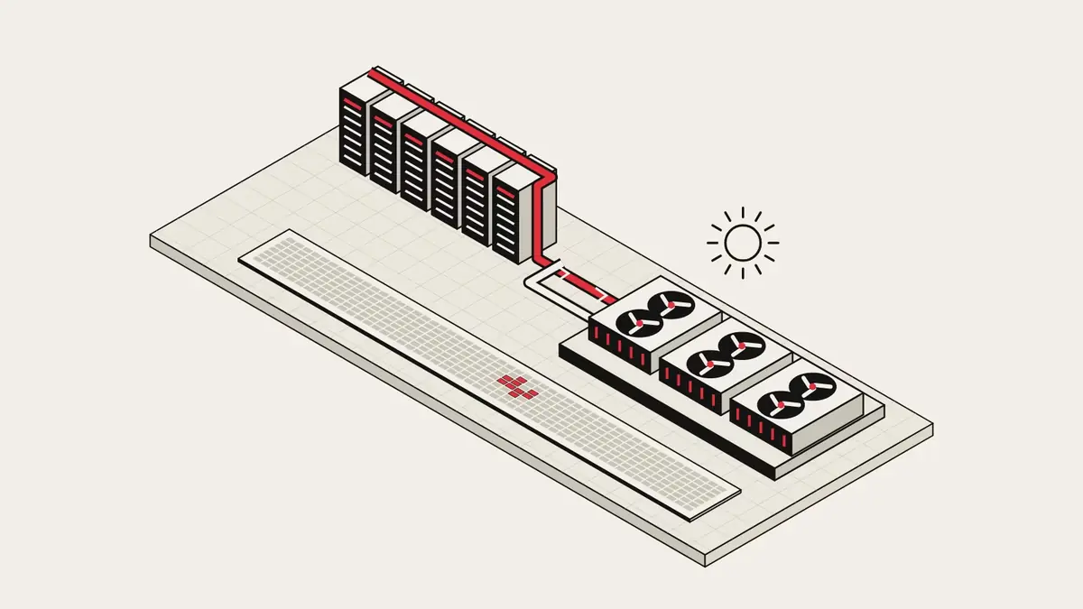 Isometric illustration of a row of liquid-cooled server racks sending a red warm-coolant loop to rooftop dry coolers, with a year-long grid of days in which only a small cluster of cells is red.